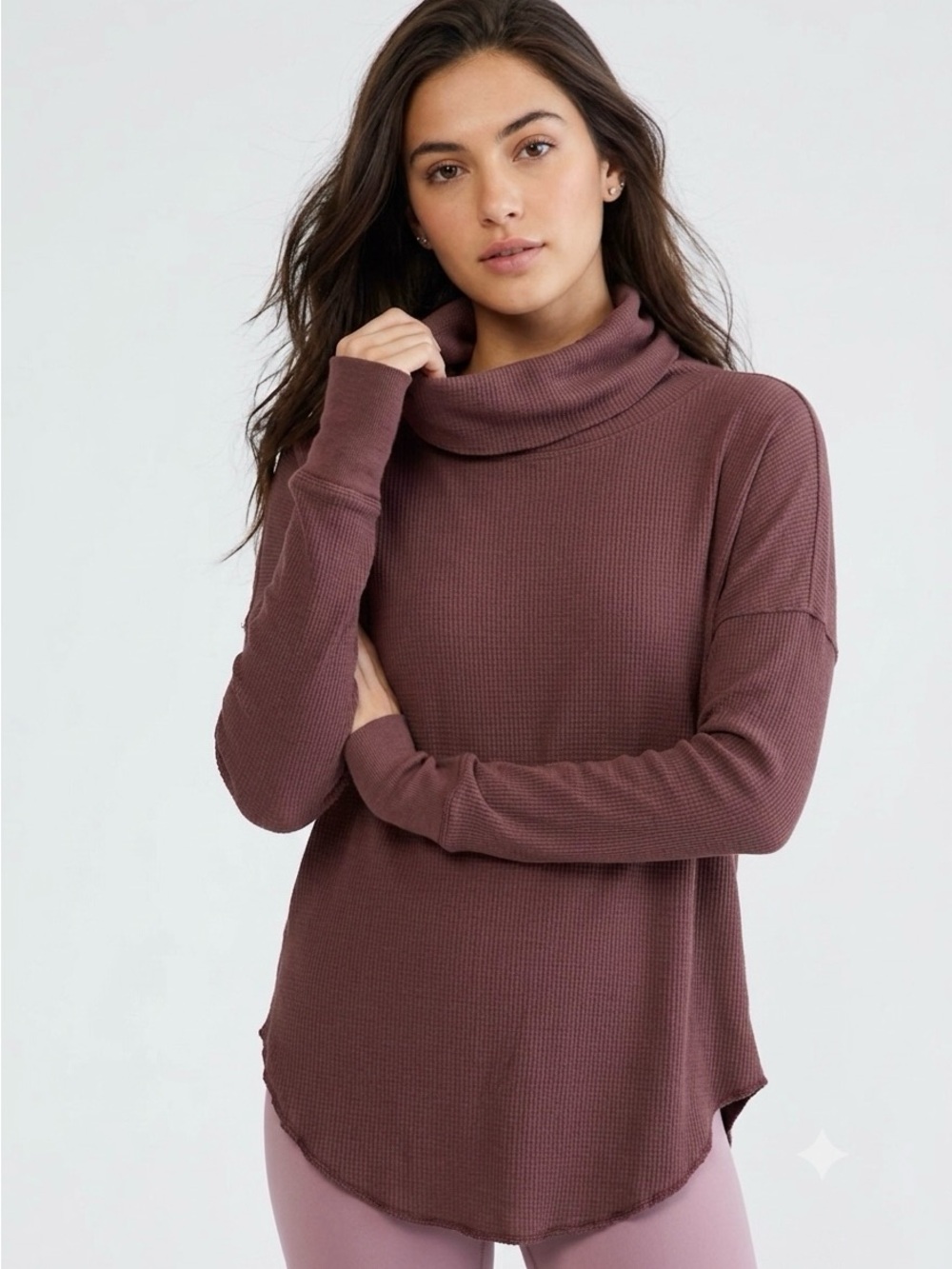 Aritzia Babaton Oversized Waffle Knit Cowl Neck Thermal Long Sleeve Top Mauve